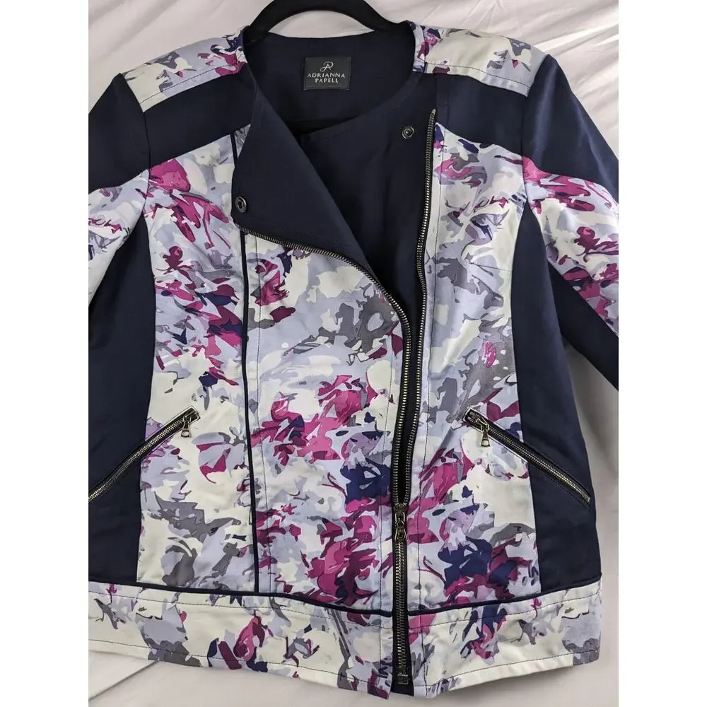 Adrianna Papell Moto Jacket Womens 8 Pink Blue Purple Camo Zip Up Long Sleeve‎